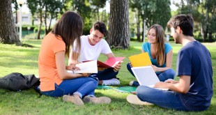 Students on lawn of university campus
